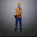 Construction Worker Wearing Orange Hard Hat Reflective Vest Blue Work Pants And VR Glasses