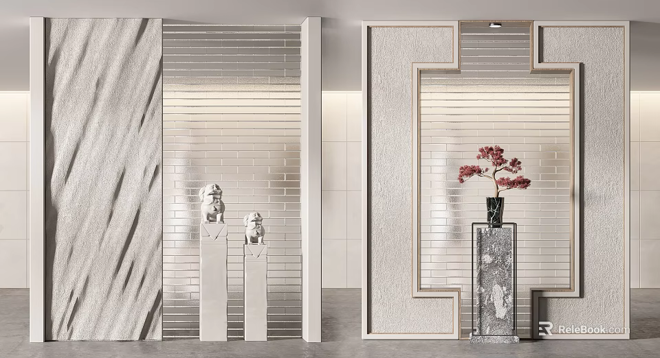Modern Interior Partition Design With Striped Panels Marble Bases And Red Flower Decor 3d model 