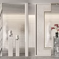 Modern Interior Partition Design With Striped Panels Marble Bases And Red Flower Decor