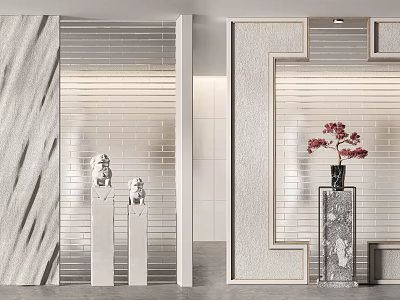 Modern Interior Partition Design With Striped Panels Marble Bases And Red Flower Decor 3d model