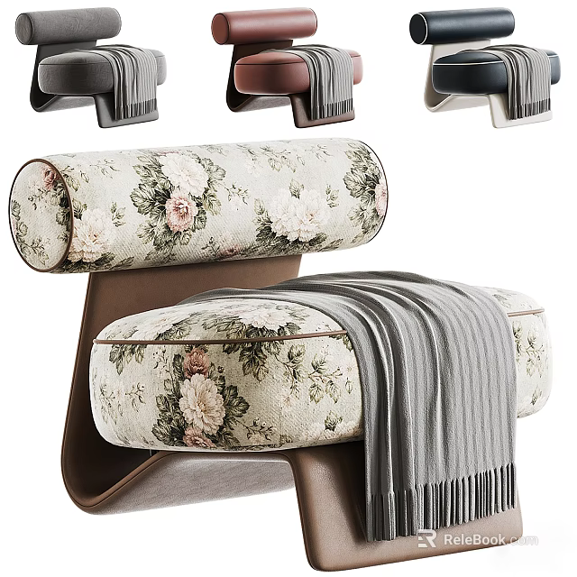 Floral Pattern Upholstered Single Sofa With Wooden Frame And Gray Throw Blanket 3d model 