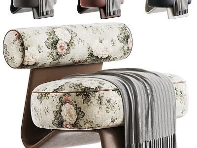 Floral Pattern Upholstered Single Sofa With Wooden Frame And Gray Throw Blanket 3d model