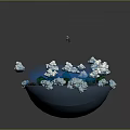 Cartoon Island Scenery with Blue Water Green Vegetation Black Portals House Clouds and Character