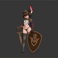 Female Warrior With Armor Helmet Red Feather Sword Shield Emblem Shorts And Long Boots