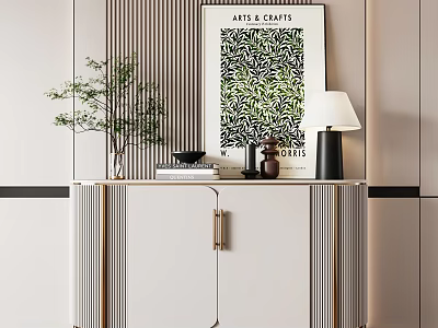 Modern White Console Cabinet Sideboard With Gold Handles Green Plant Artwork Table Lamp And Books 3d model