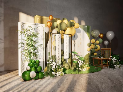 Elegant Event Decor Setup With Green Yellow Balloons Green Plants And Wooden Chairs 3d model