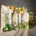 Elegant Event Decor Setup With Green Yellow Balloons Green Plants And Wooden Chairs
