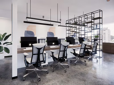 Modern Public Office Space With Ergonomic Chairs Desks Computer Monitors Plants Artworks And Metal Frames 3d model