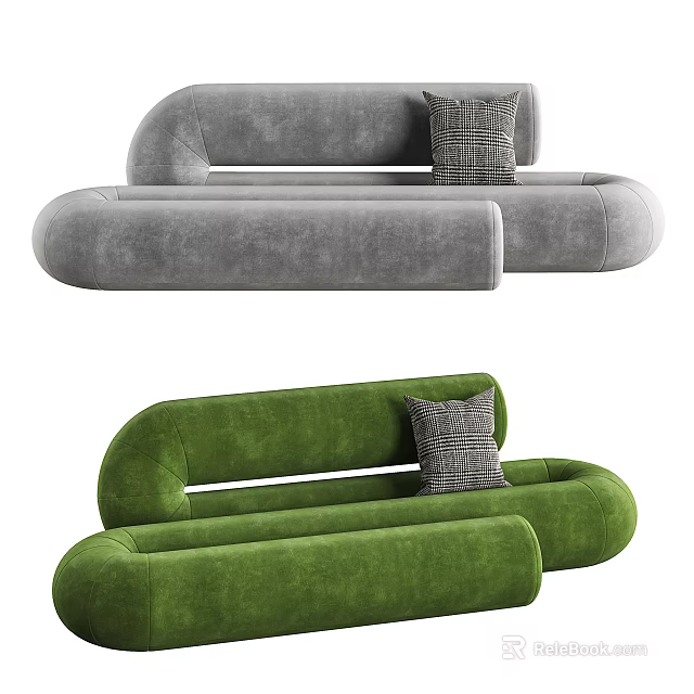 Abstract Shape Sofa Gray And Green Velvet Fabric With Modern Curved Minimalist Comfortable Cushion 3d model 