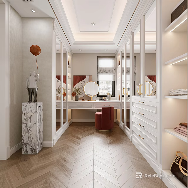 Elegant Modern Walk in Closet Interior Design With White Cabinets Mirrors And Marble Vanity 3d model 