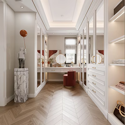 Elegant Modern Walk in Closet Interior Design With White Cabinets Mirrors And Marble Vanity 3d model