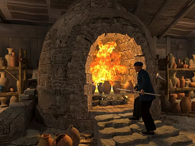 Industrial Kiln Equipment With Flames And Worker Handling Pottery Jars In Workshop 3d model