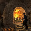 Industrial Kiln Equipment With Flames And Worker Handling Pottery Jars In Workshop