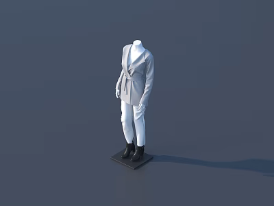 Mannequin wearing grey coat white pants black shoes on black base against dark background 3d model