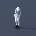Mannequin wearing grey coat white pants black shoes on black base against dark background