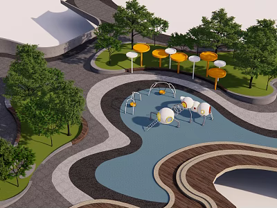 Scenic Park Landscape Featuring Children's Playground Colorful Play Equipment Trees And Curved Walkways 3d model