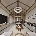Traditional Dining and Living Room with Wooden Ceiling Pendant Lights and Large Windows