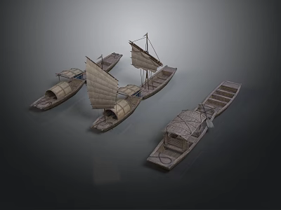 Ancient Wooden Watercraft in Various Styles with Sails and Covered Structures 3d model
