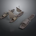Ancient Wooden Watercraft in Various Styles with Sails and Covered Structures