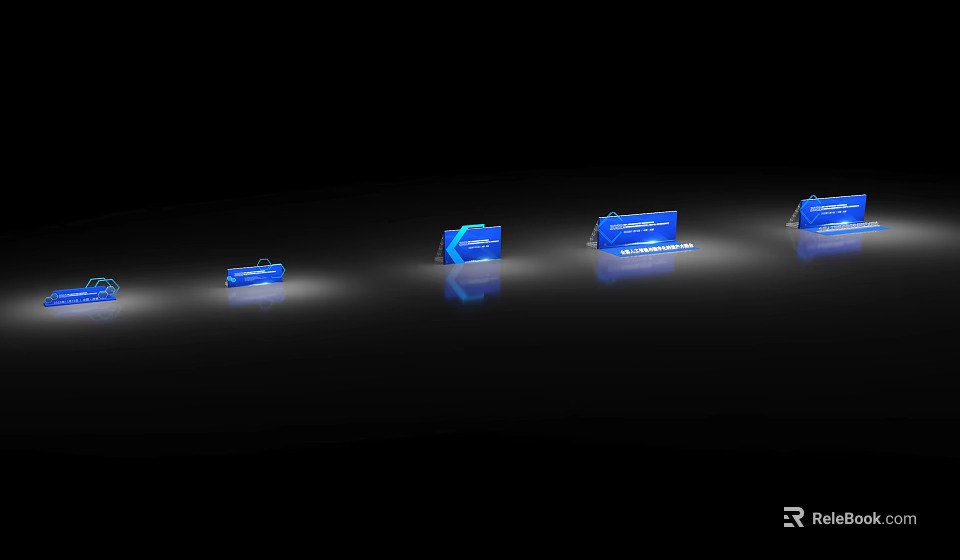Dark Background Wall With Blue Illuminated Display Stands And Glowing Elements 3d model 