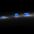 Dark Background Wall With Blue Illuminated Display Stands And Glowing Elements