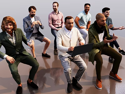 Group of Men in Various Outfits Interacting with Wine Glasses and Laptop in Open Space 3d model
