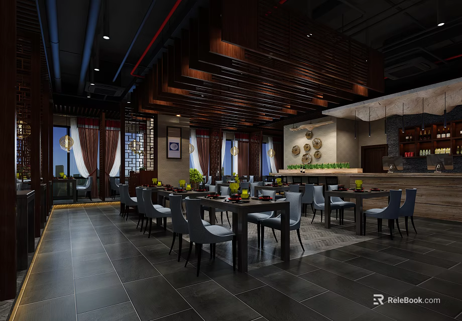 Modern Restaurant Interior With Wooden Ceiling Dining Tables Gray Chairs And Wall Decor 3d model 