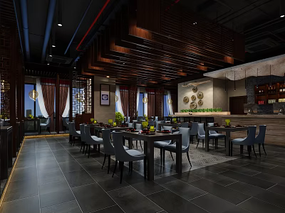 Modern Restaurant Interior With Wooden Ceiling Dining Tables Gray Chairs And Wall Decor 3d model