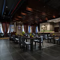 Modern Restaurant Interior With Wooden Ceiling Dining Tables Gray Chairs And Wall Decor