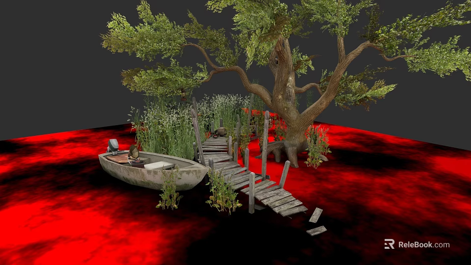 Plant Painting Featuring Large Tree Wooden Plank Bridge Small Boat And Reeds On Red Background 3d model 