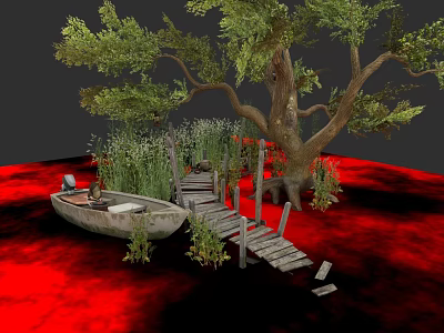 Plant Painting Featuring Large Tree Wooden Plank Bridge Small Boat And Reeds On Red Background 3d model