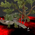 Plant Painting Featuring Large Tree Wooden Plank Bridge Small Boat And Reeds On Red Background