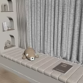 Cozy Single Bed by the Window with Stuffed Bear Book and Minimalist Shelves Curtains