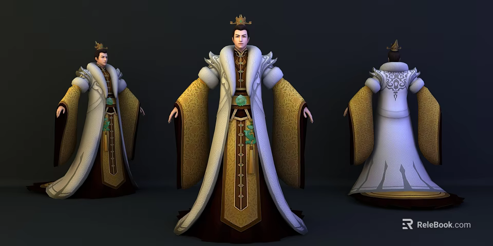 Ancient Royal Character In Three Views With Decorative Golden White Robe And Crown 3d model 