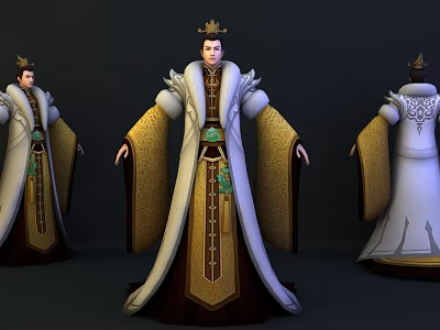 Ancient Royal Character In Three Views With Decorative Golden White Robe And Crown 3d model