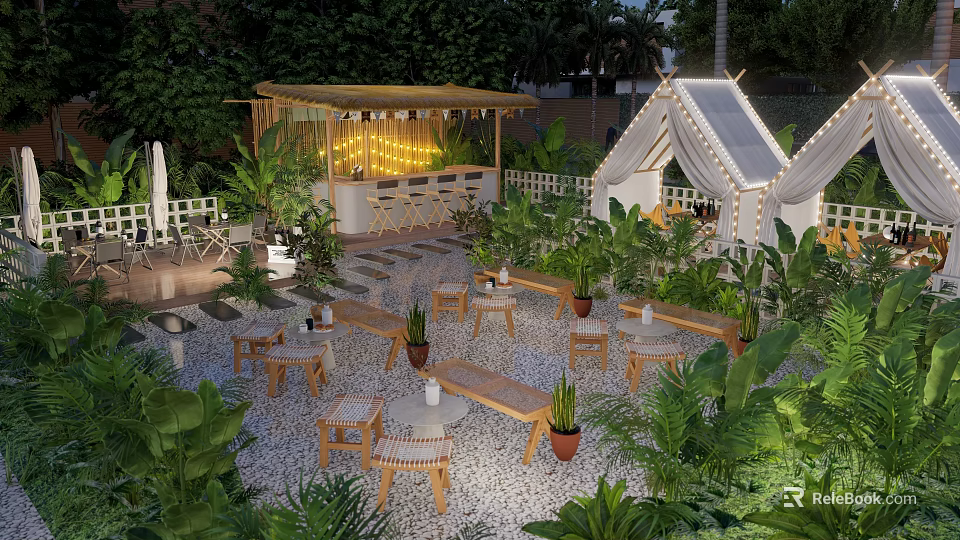 Outdoor Teahouse Featuring Wooden Pavilion String Lights Greenery Stone Pathway Tables And Chairs 3d model 