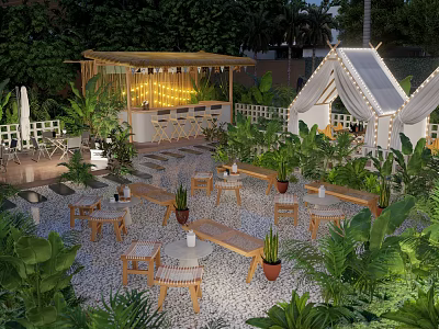 Outdoor Teahouse Featuring Wooden Pavilion String Lights Greenery Stone Pathway Tables And Chairs 3d model