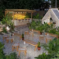 Outdoor Teahouse Featuring Wooden Pavilion String Lights Greenery Stone Pathway Tables And Chairs