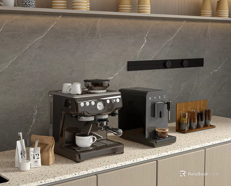 Modern Kitchen Interior With Coffee Machine And Appliances On Marble Countertop And Cabinets 3d model 