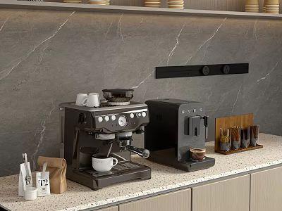 Modern Kitchen Interior With Coffee Machine And Appliances On Marble Countertop And Cabinets 3d model