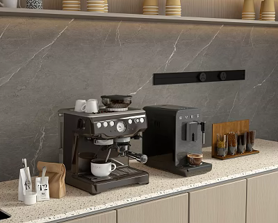 Modern Kitchen Interior With Coffee Machine And Appliances On Marble Countertop And Cabinets 3d model