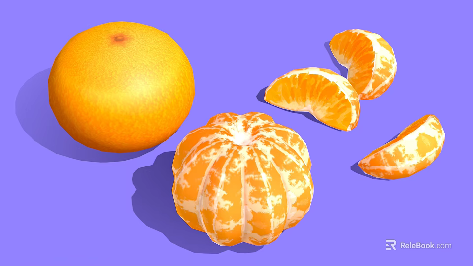 Fresh Vibrant Orange And Peeled Tangerine With Segments On Purple Background 3d model 