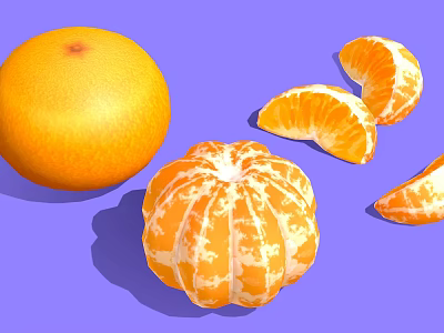 Fresh Vibrant Orange And Peeled Tangerine With Segments On Purple Background 3d model