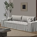 White Linen Multi Seater Sofa With Wooden Coffee Table Green Plant And Wall Art