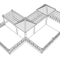 Wooden Gazebo Structure With Connected Pavilions Triangular Roof And Wooden Deck Railing