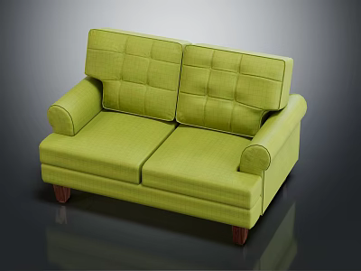 Green Fabric Two Seater Sofa With Tufted Backrest And Wooden Legs 3d model