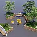 Tree Planters With Wooden Benches Greenery Circular Seats In Urban Rest Area