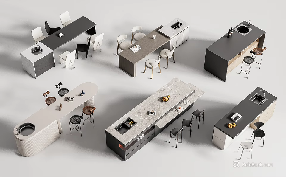 Diverse Bar Counter Designs Featuring Various Shapes Stools And Sleek Surfaces 3d model