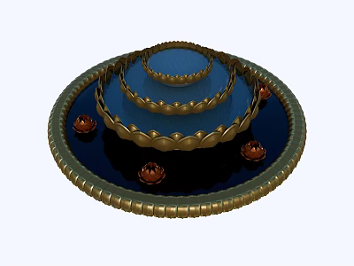 Tiered Circular Garden Ornament With Blue Gold Layers And Red Decorative Orbs 3d model