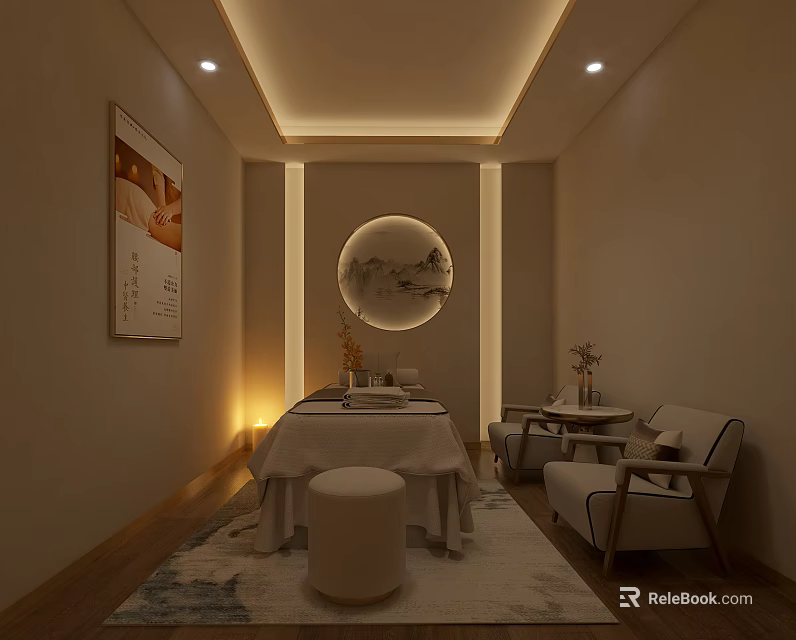 Modern Elegant SPA Sauna Room Interior with Massage Table Chairs Rug Circular Decor and Lighting 3d model 